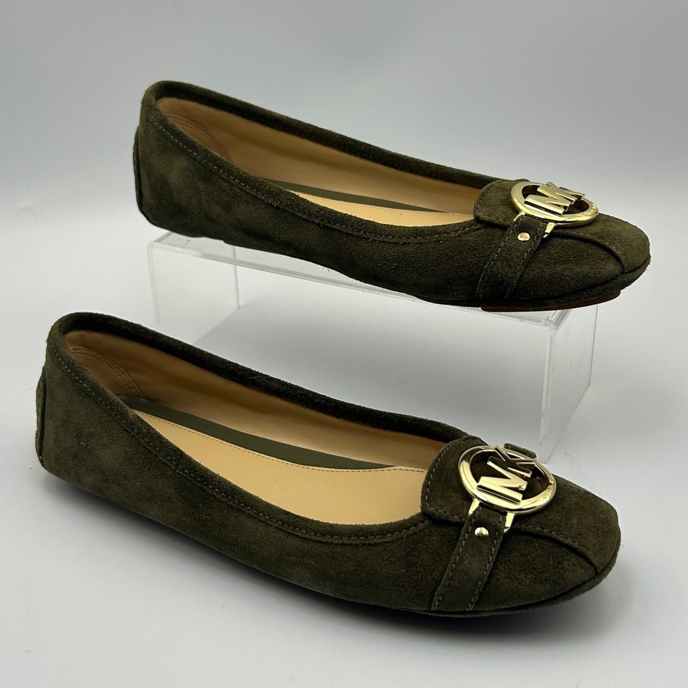 Michael Kors Fulton Ballet Flats Womens 8M Olive Green Suede Gold MK Logo Preppy